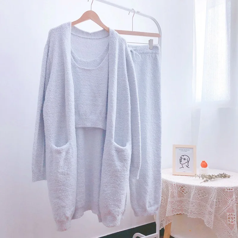 Thick Women Pajamas Set Three-piece Home Clothes Soft Warm Autumn Winter Long-sleeved Trousers Suspenders Cardigan Wool Knitting