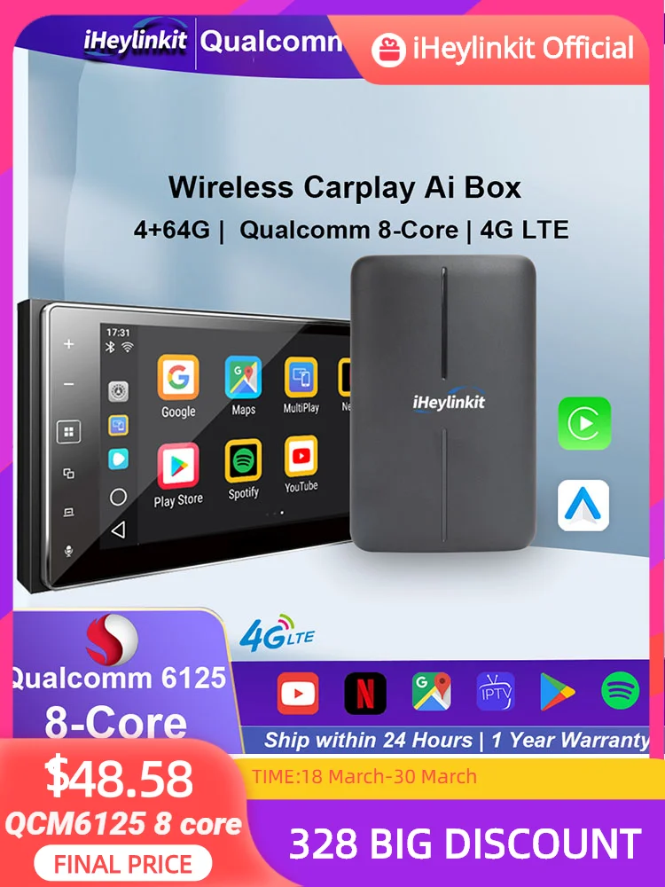 

iHeylinkit Wireless CarPlay Ai Box Qualcomm 6125 Android Auto HD Android 10 Car Play 4+64G You_tube For Ford Benz Audi Nissan VW