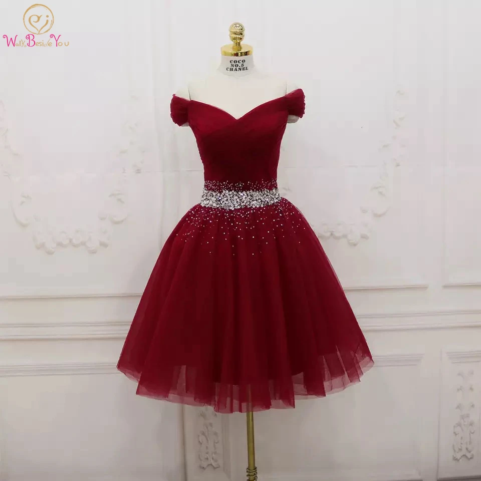 

Женское вечернее платье до колен, бордовое бальное платье с бисером и кристаллами, бальное платье с открытыми плечами, плиссированное Тюлев...