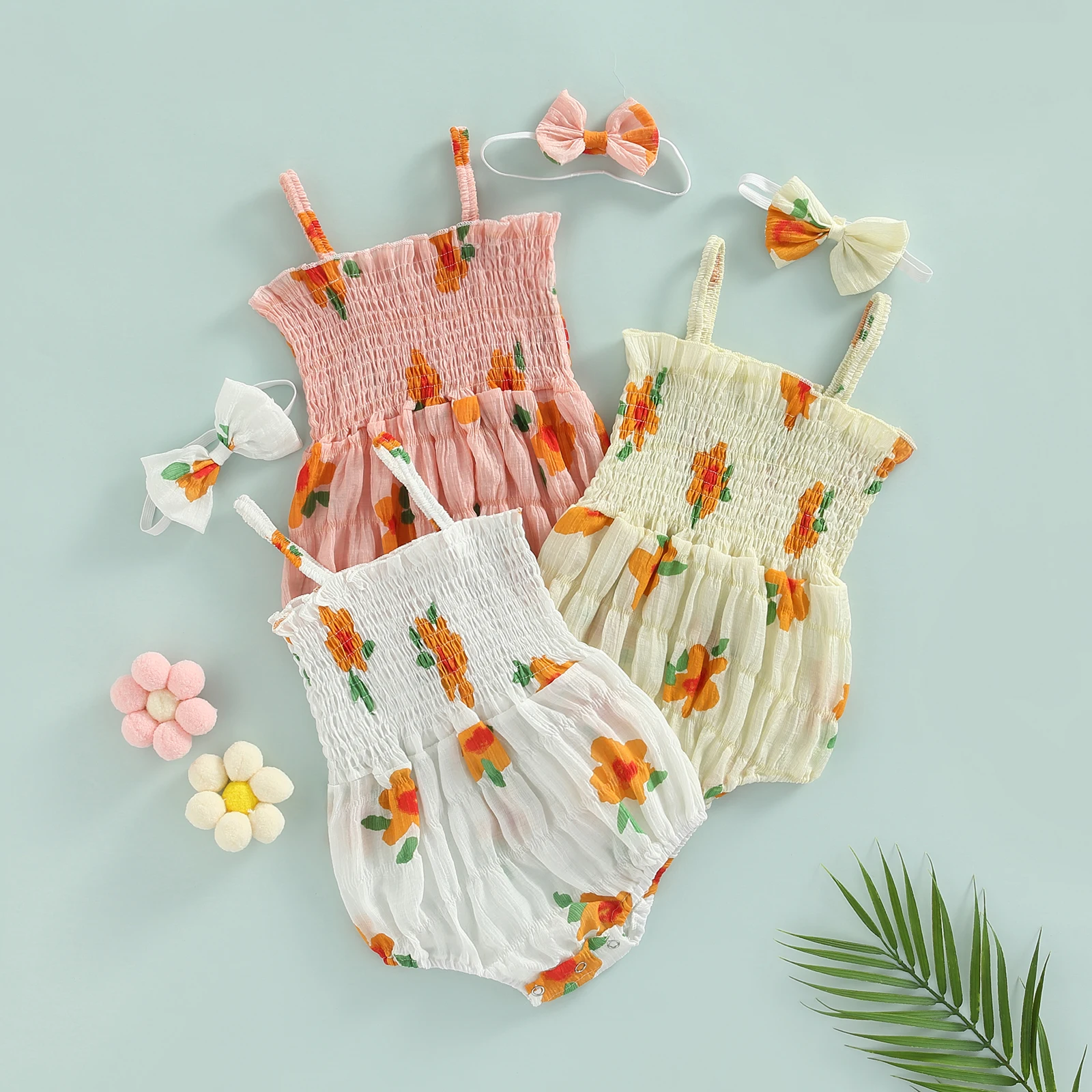 

Baby Newborn Romper Headband Outfits Sling Shoulder Straps Floral Pattern Elastic Chest Jumpsuit Fashion Bodysuit Hair Band New