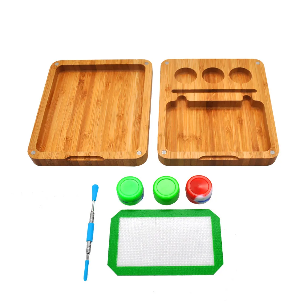 Portable Bamboo Box Wax Carrying Case Silicone Container Jars Non-stick Storage with EStainless Steel Spoons and Silicone Pad