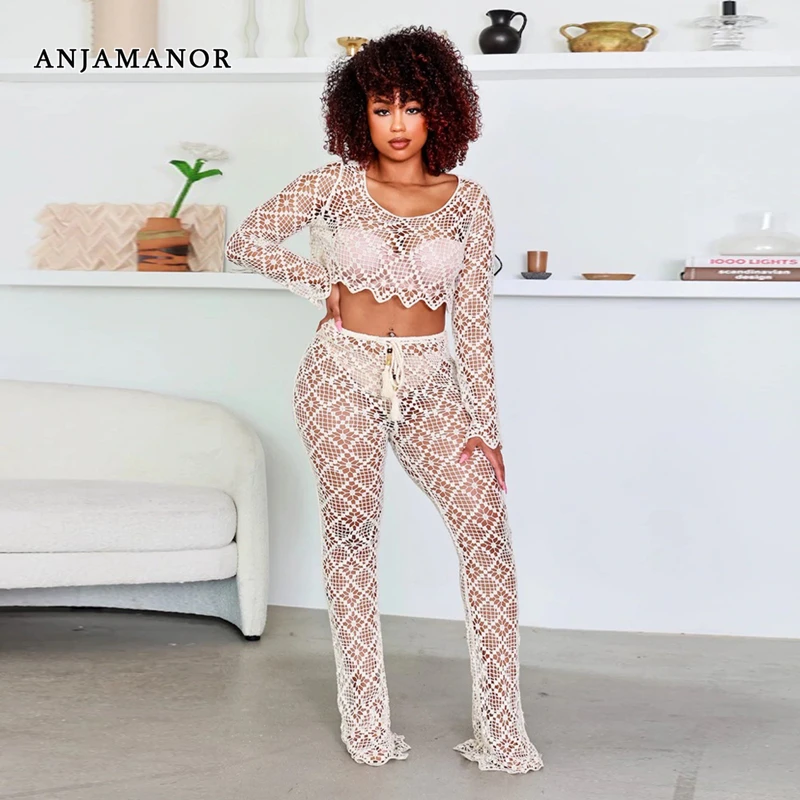 

ANJAMANOR Lace Two Piece Set Crop Top and Pants Matching Sets See Through Sexy Club Outfits Trending Products 2022 D57-HZ37
