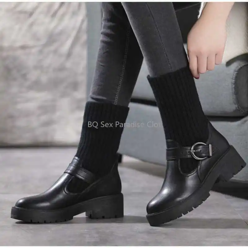 

Женские ботильоны на толстой подошве BQ, зимние теплые ботинки, удобная Уличная обувь, высокие ботинки на толстой подошве