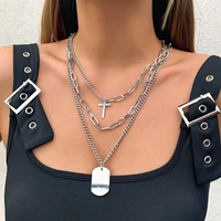 hip hop layered chain with crosssquare pendant necklace for women punk stainless steel chain necklace neck 2022 fashion jewelry