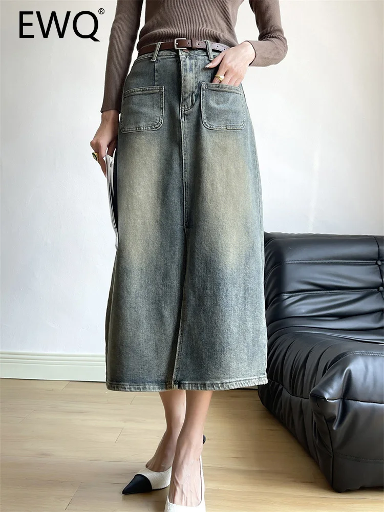 

Женская джинсовая юбка средней длины, с высокой талией