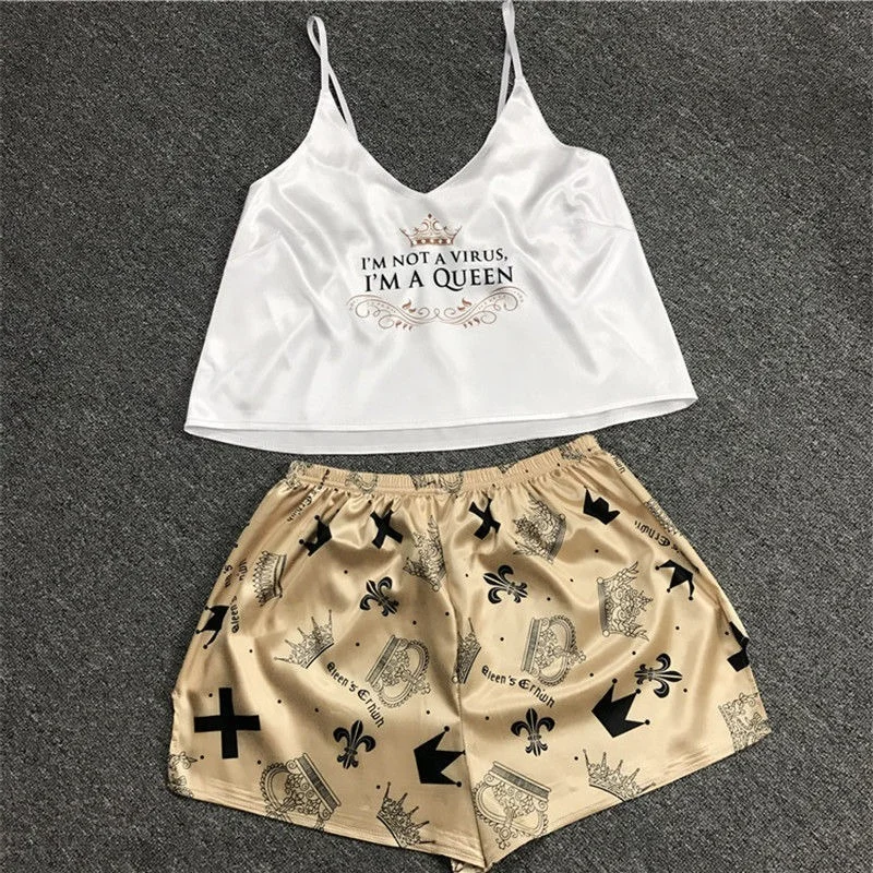 

Women's Sexy Pajama Sets Cartoon Pattern Print Sleepwear Strap Sleeveless Cami Female Silk Pijamas Night Wear Home Suit C212