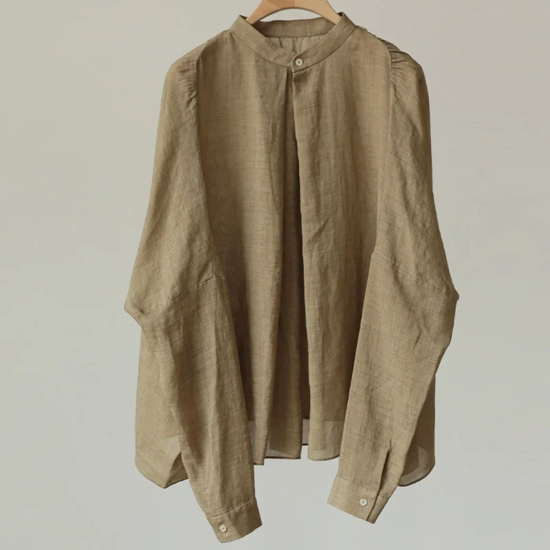 New Exquisite High-count Linen Loose Temperament Stand-up Collar Solid Color Shirt