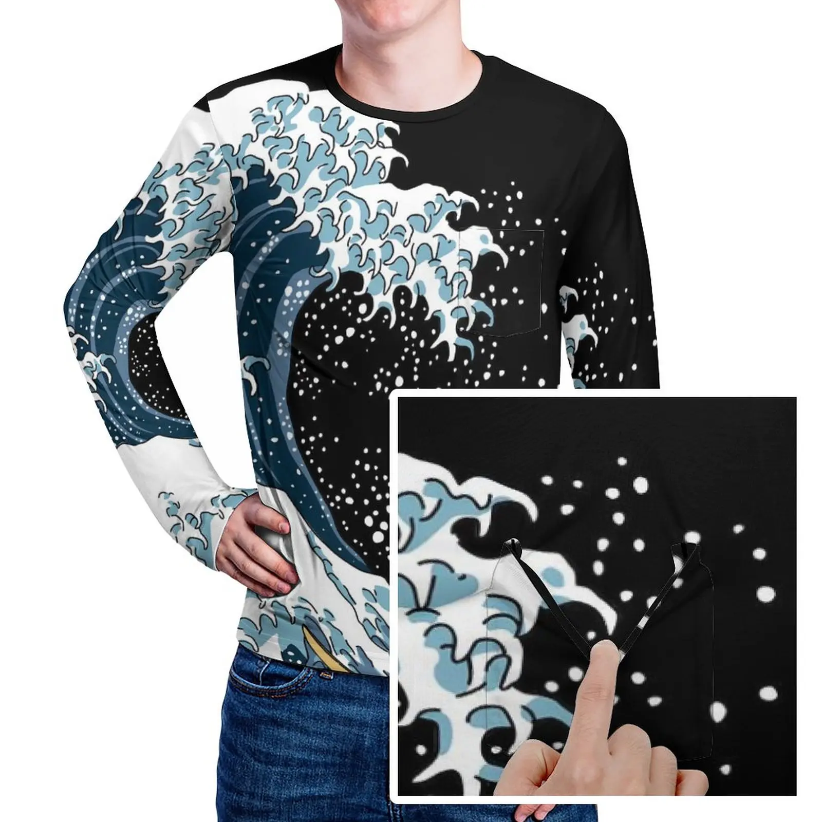 

The Great Wave T-Shirt Men Katsushika Hokusai Funny T Shirts Daily Hip Hop Tees Long Sleeve Pattern Big Size Tops
