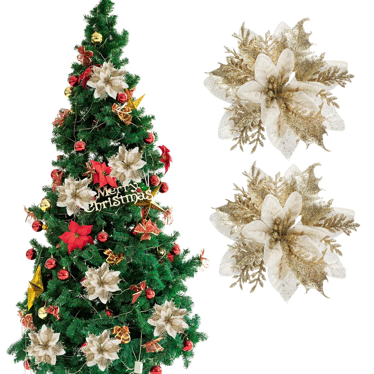 

Christmas Poinsettia Flowers Artificial Flower Tree Glitter Decorations Fake Picks Stems Wreathdecorgold Decoration Garland