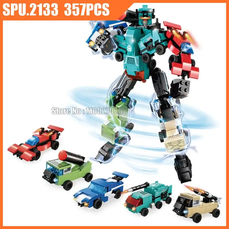 

40202 357pcs 5in1 Deformation Robot Hurricane General Racing Police Car Armored Missile Vehicle Building Blocks Toy Children