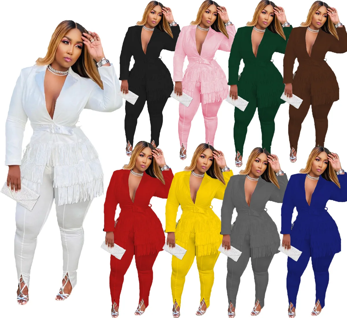 

Женский костюм из 2 предметов, однотонный костюм с длинным рукавом, V-образным вырезом, лацканами, пуговицами, кисточками, поясом и брюками, спортивный костюм