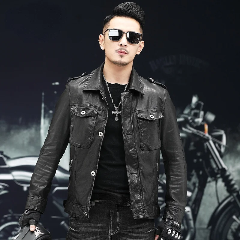 

2023 Autumn 100% Genuine Sheepskin Leather Jackets Male Spring Fashion Motorcycle and Biker Jacket for Men Chaquetas Hombre Gmm