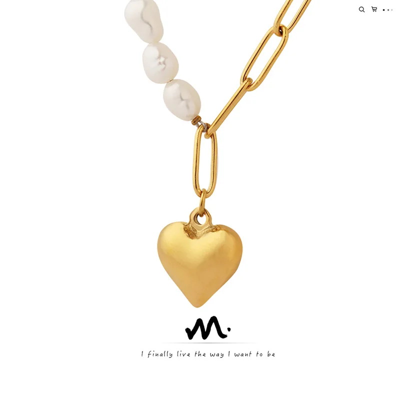 

European and American Cold Ins Style Niche Design Baroque Freshwater Pearl Peach Heart Chain Necklace Clavicle Chain P691