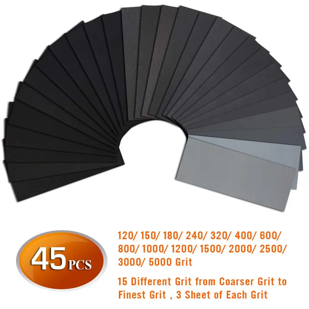 

45PCS 9x3.6inches Sandpaper Wet Dry Waterproof Sand Paper 120-5000 Grit Sanding Paper for Wood Furniture Finishing Metal Sanding