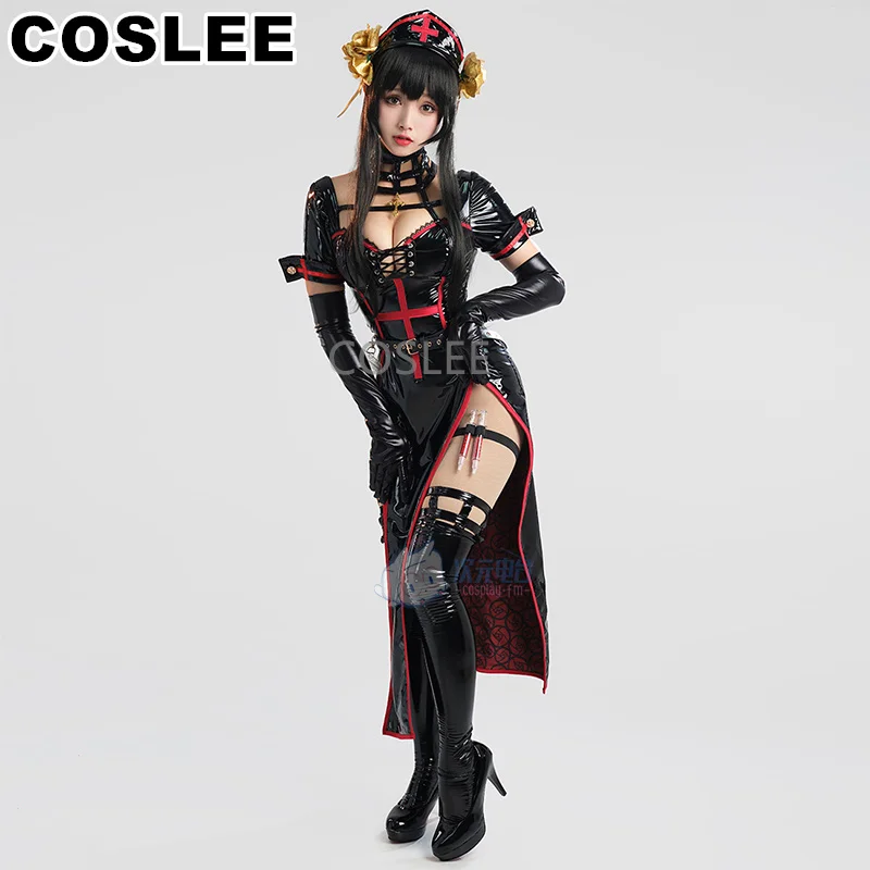 

COSLEE аниме SPY×FAMILY Yor костюм медсестры для косплея униформа из искусственной кожи для ролевых игр на Хэллоуин вечерние женский наряд Новинка