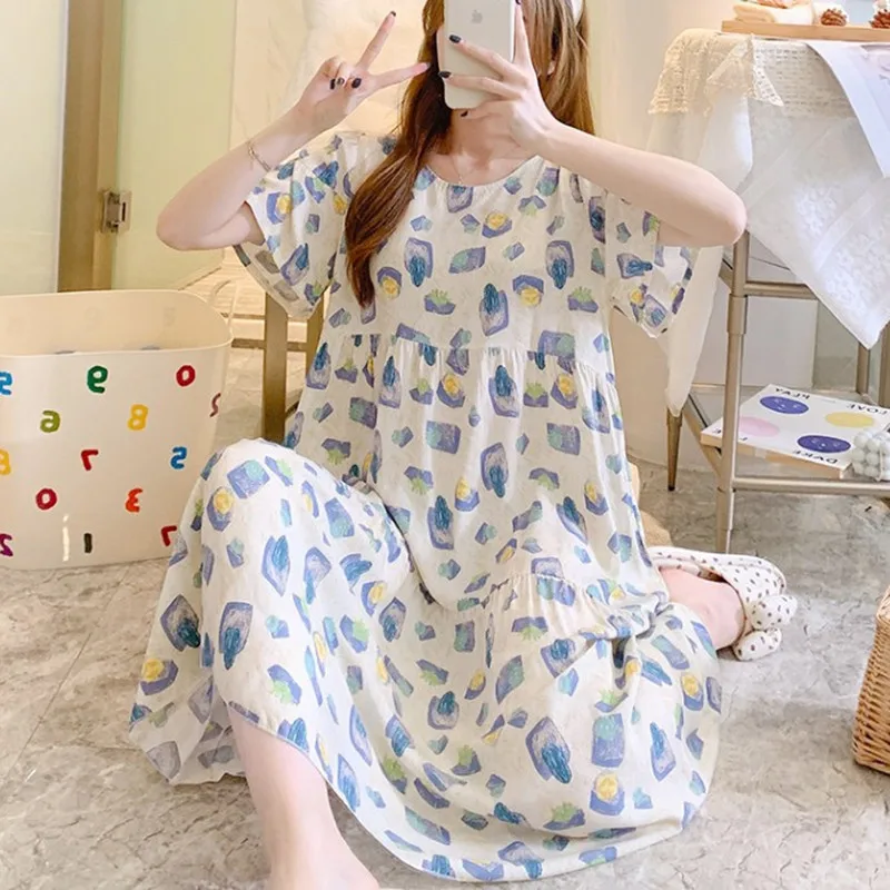 Ladies Pajamas Nightgown Cotton Silk Summer Style Sleep Dresses Women Student Sweet Nightdress