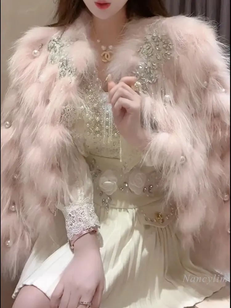 Socialite Temperament Beaded Tassel Rhinestone Woven Faux Fur Coat for Women 2023 Spring Winter New Sweet Fur Jacket Lady