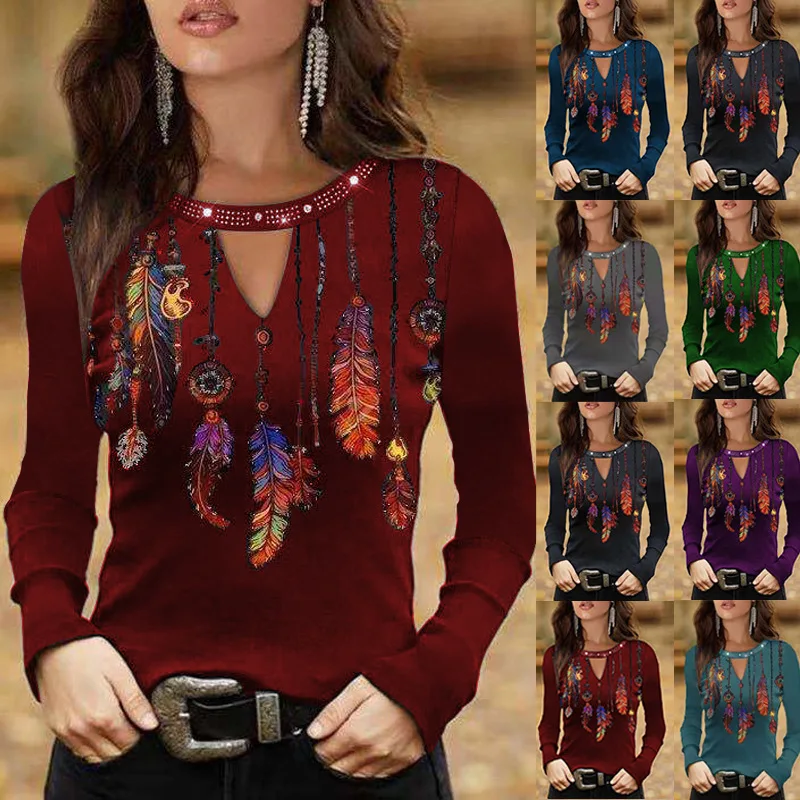 

Autumn Spring Women Tassel Feather Print Loose T-shirts Women Long Sleeve Tee Tops S-5XL women clothes