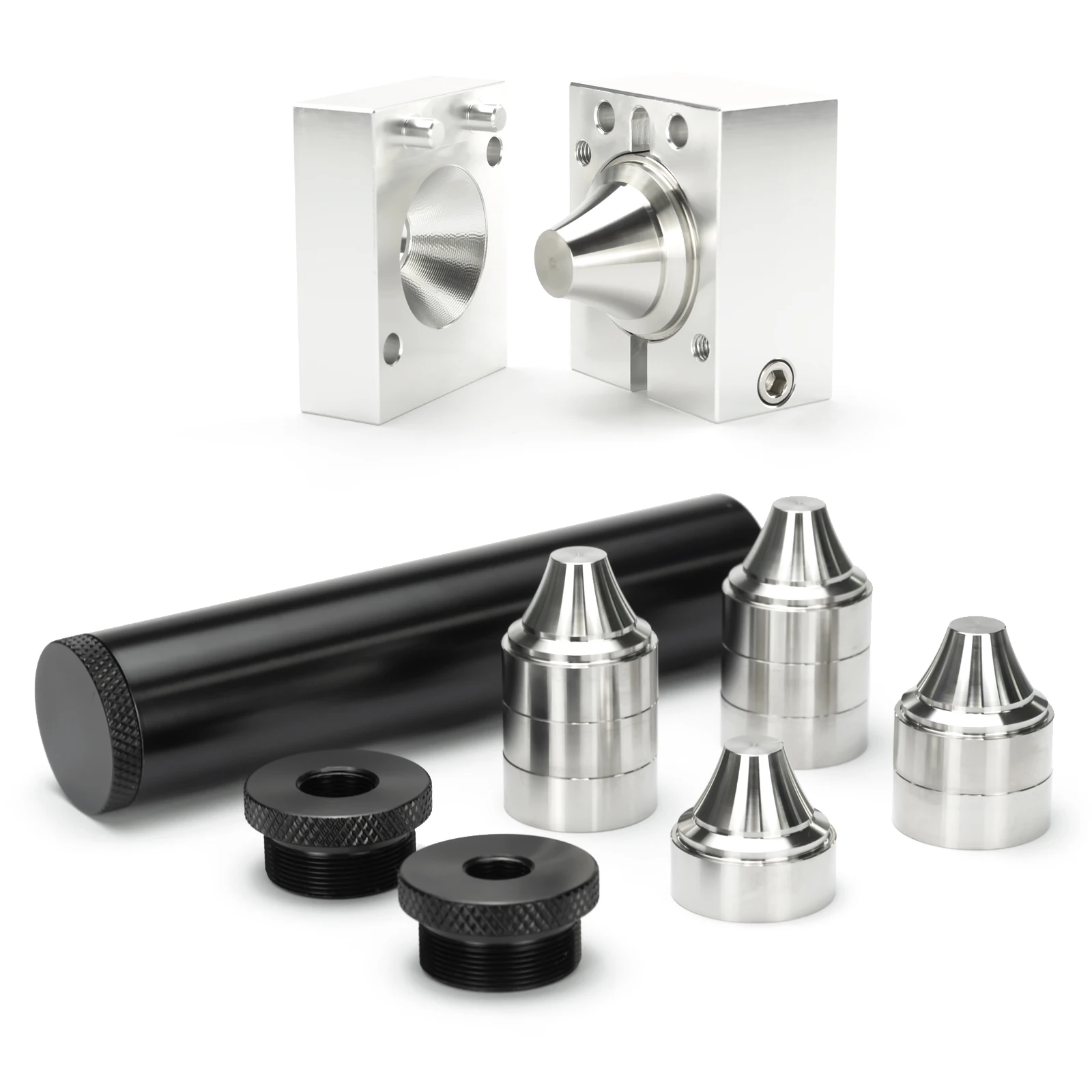 

Aluminum 7''L 1.45"OD Solvent Trap Fuel Filter, 9x Stainless Steel Radial Cups 1/2x28+5/8x24 End Caps+Drilling Jig Guide Fixture