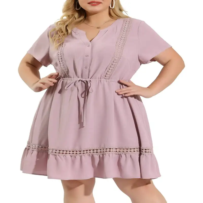

Plus Size V Neck Short Sleeve Tie Waist Ruffle Hem Dresses