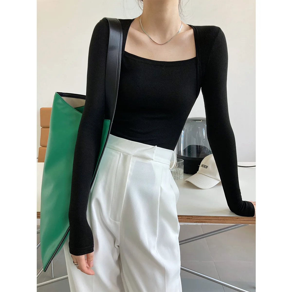 Французская нежная футболка с длинным рукавом и квадратным вырезом Женский