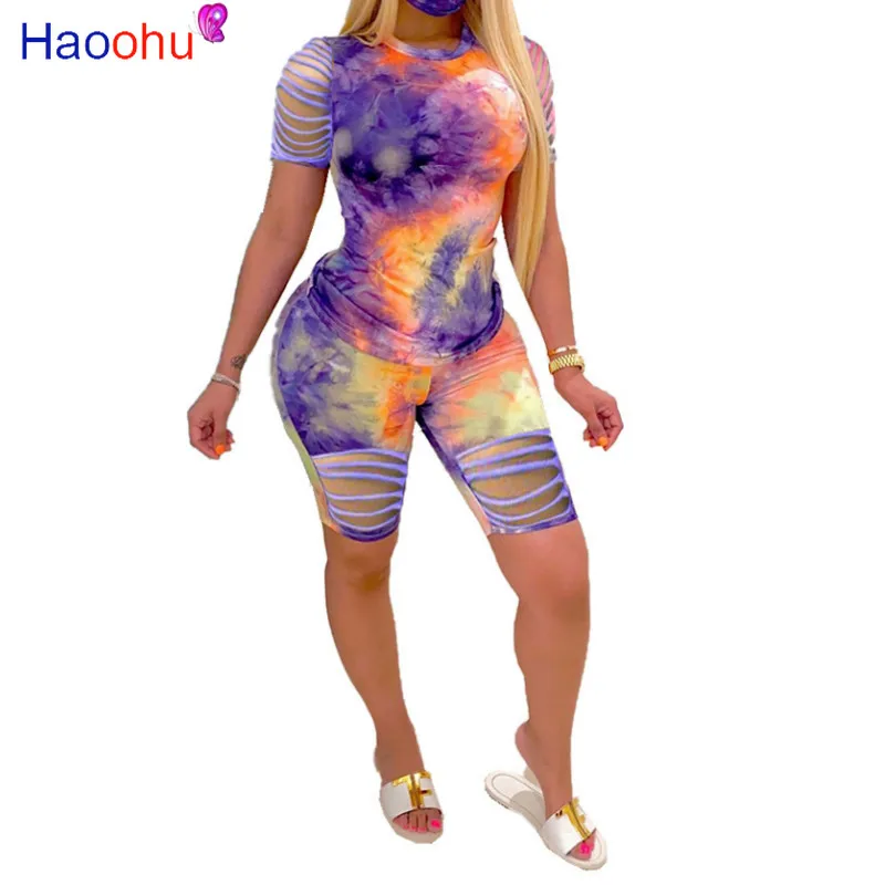 

HAOOHU Rainbow Tie Dye Two Piece Set Women Costume Summer O Neck Short Sleeve Top Biker Short Sweatsuits Lounge Club Outfits