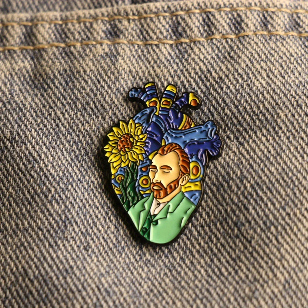 Artistic Anatomical Heart Enamel Brooch Pin - Alloy Fashion Van Gogh Accessory for Backpacks and Clothing