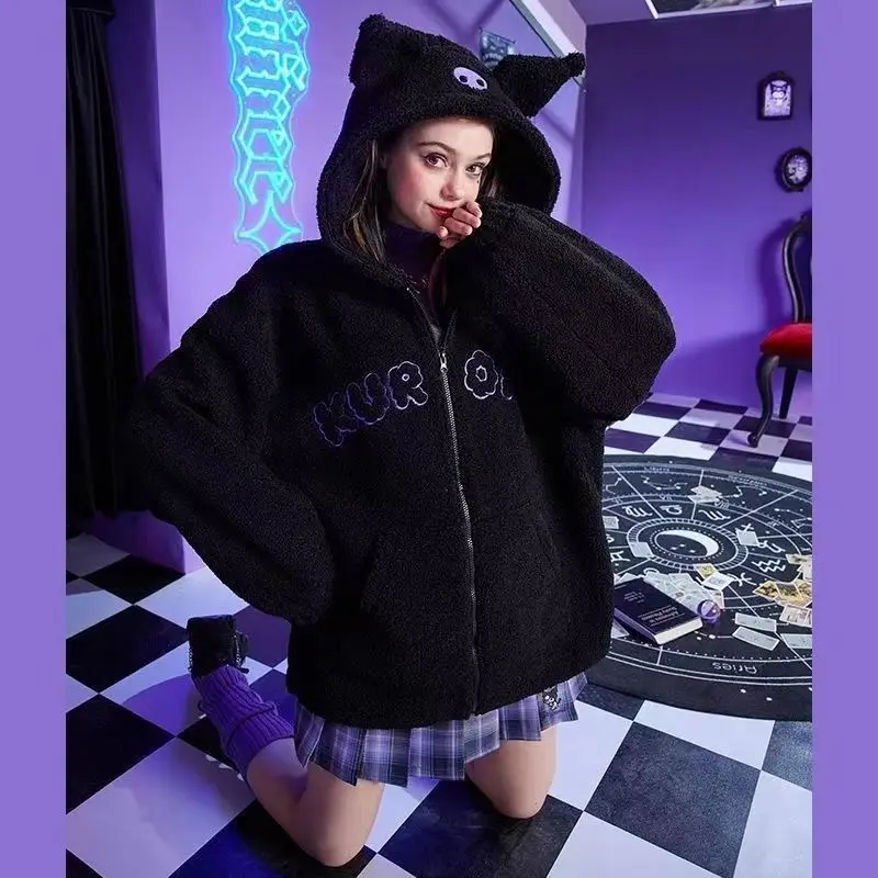 

Милая шерстяная Толстовка Sanrio Kuromi, модная Толстовка для девочек с мультяшным рисунком из мультфильмов, толстовка с вышивкой на молнии, пода...