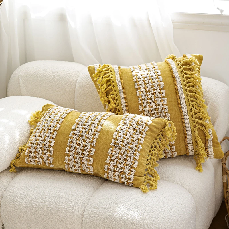 

Mustard Yellow Cushion Cover Handmade Tassels Soft Chenille Pillow Cover Embroidery Home Living Room Bedroom Sofa Couch 45x45cm