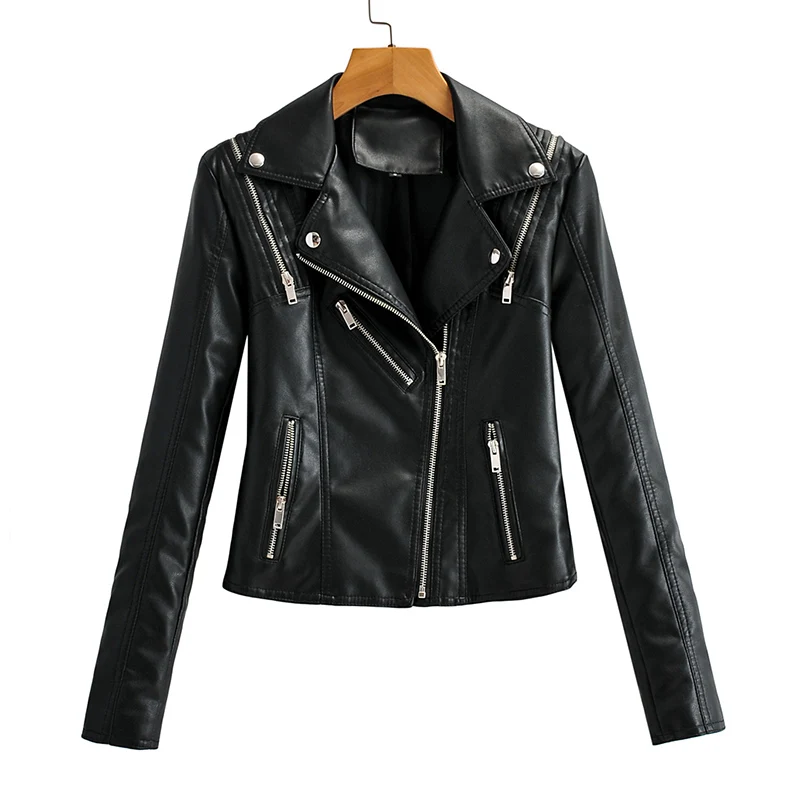 2022 Spring Autumn Women Short Faux Leather Jacket Black White Splicing Moto Bike PU Coat Slim Zipper Design Locomotive Outwear