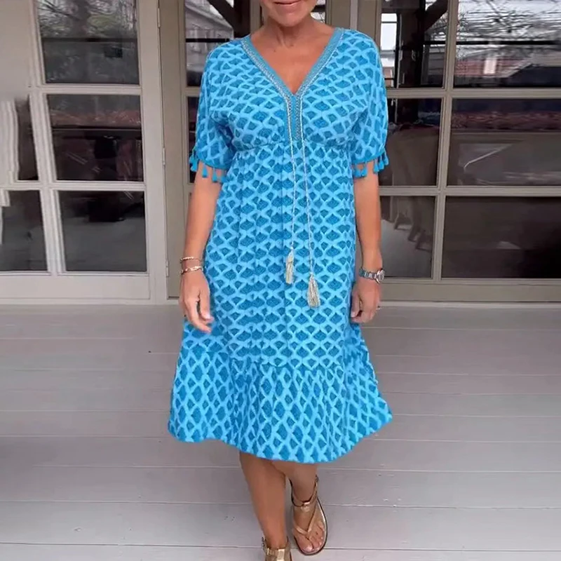 

Женское платье с глубоким V-образным вырезом и бахромой, весеннее офисное платье с принтом и высокой талией, летние трапециевидные Платья с коротким рукавом