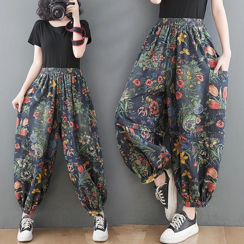 Western Style Female Vintage Floral Jeans Woman Spring Flower Cowboy Harem Pants Loose Elastic Waist Ethnic Boho Trousers Pocket