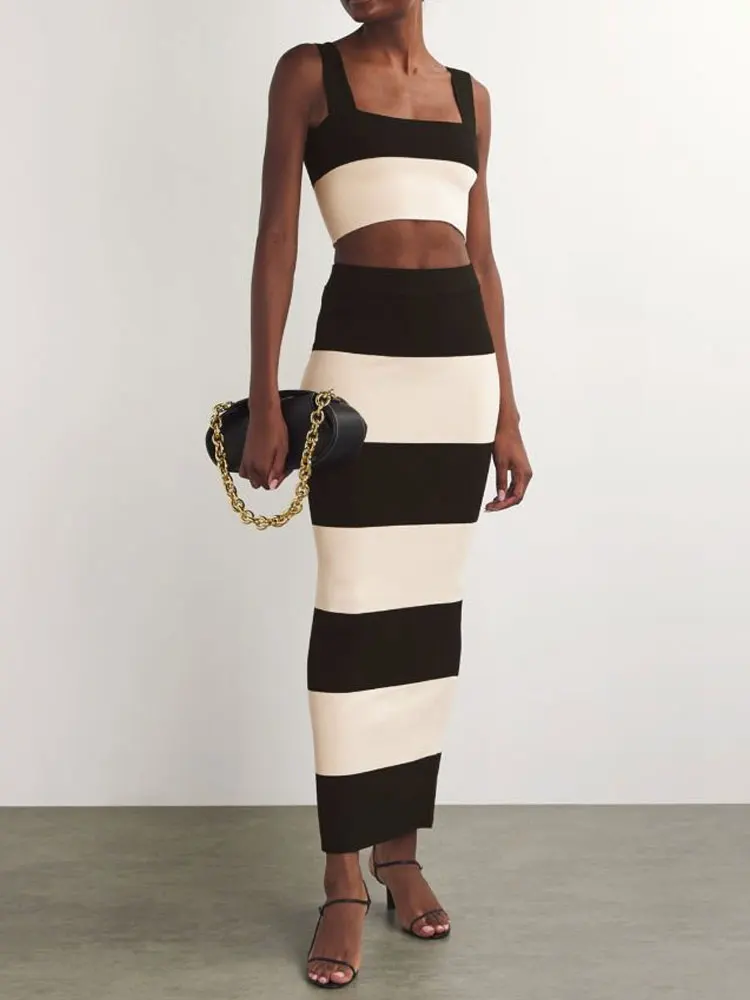 Черный/белый вязаный полосатый комплект 2024 модный праздничный повседневный юбка