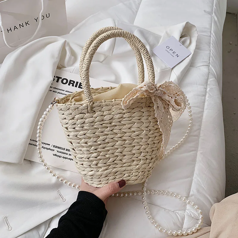 HOCODO 2022 Summer Straw Bags For Women Rattan Bag Pearl Chain Handmade Woven Beach Crossbody Bag Female Messager Handbag Totes