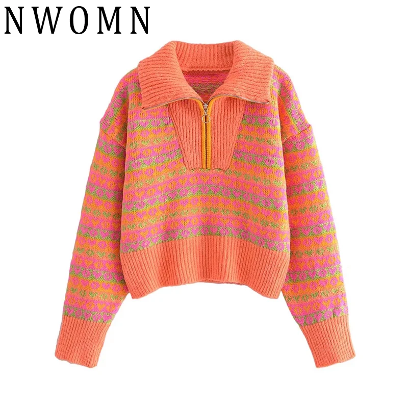 

Женский трикотажный свитер NWOMN, зимний жаккардовый свитер на молнии с высоким воротником, Женский винтажный укороченный вязаный пуловер в р...