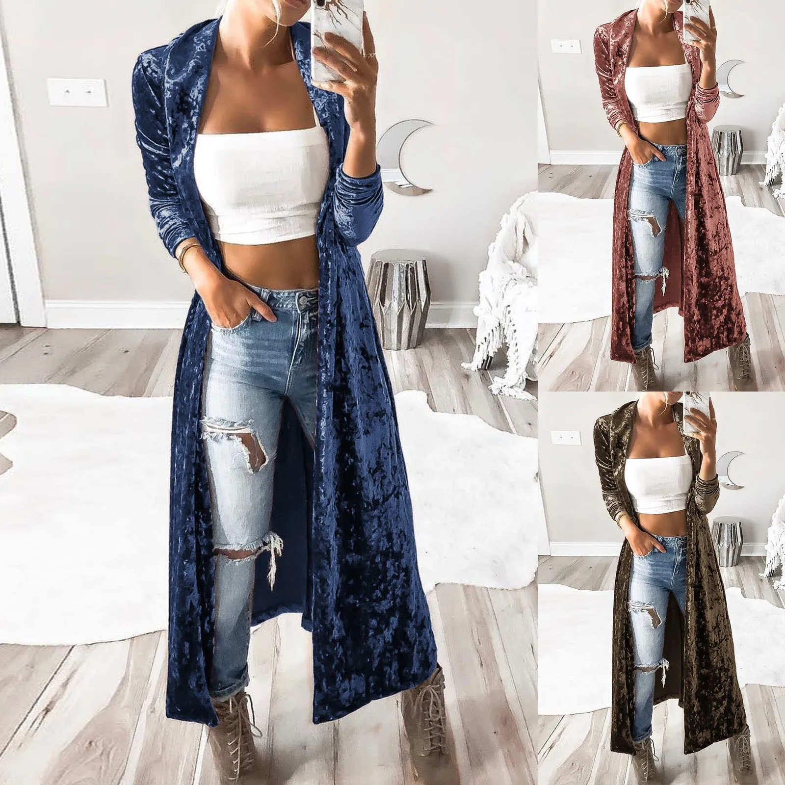 2024 длинное бархатное кимоно кардиган ветровка женская куртка однотонная модная