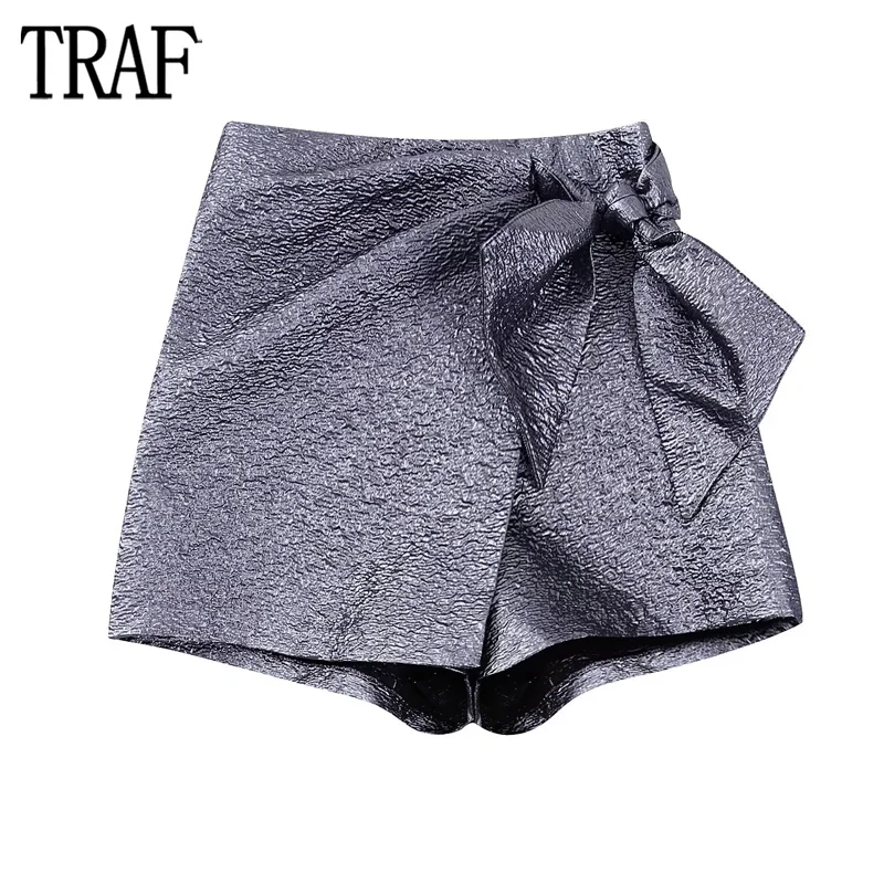 

TRAF Silver Knot Skorts Women High Waist Bermuda Shorts Woman Fashion Shining Skirt Shorts for Women Streetwear Shorts Woman