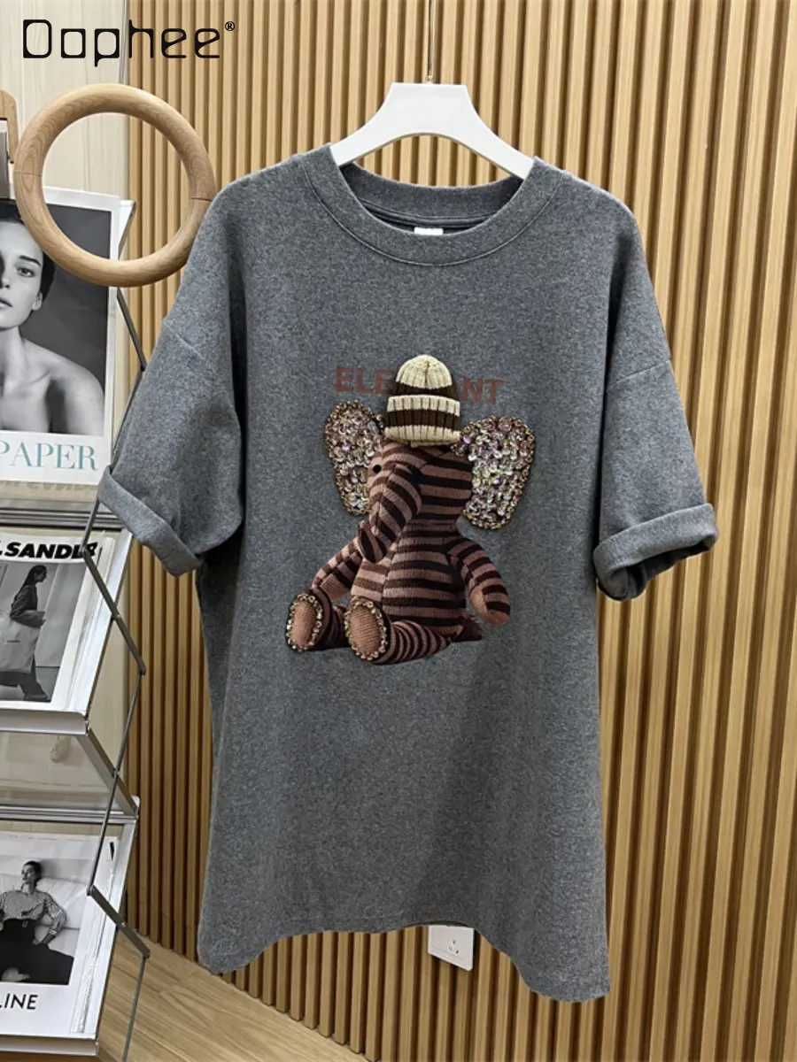 

Winter Cartoon Hat Elephant Machine Embroidery Brushed Cotton Short-Sleeved Tshirt Women's round Neck Short-Sleeved Sequined Top
