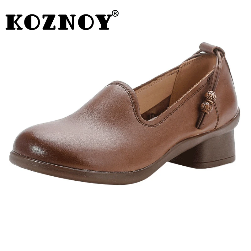 

Koznoy 5cm 2023 Chunky Heels Summer British Slip on Comfy Fashion Ladies Natural Cow Genuine Leather Ladies Preppy Concise Shoes