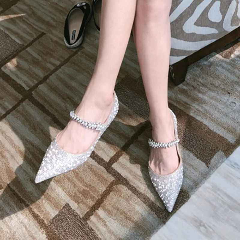 European and American women's pointed toe shoes shallow mouth pearl rhinestone single shoes