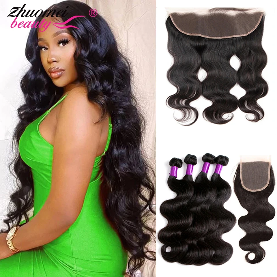 Zhuomei Beauty 13X4 HD Body Wave Human Hair Bundles With Closure Remy Peruvian Hair Weave 3/4 Bundles With Lace Frontal Weave
