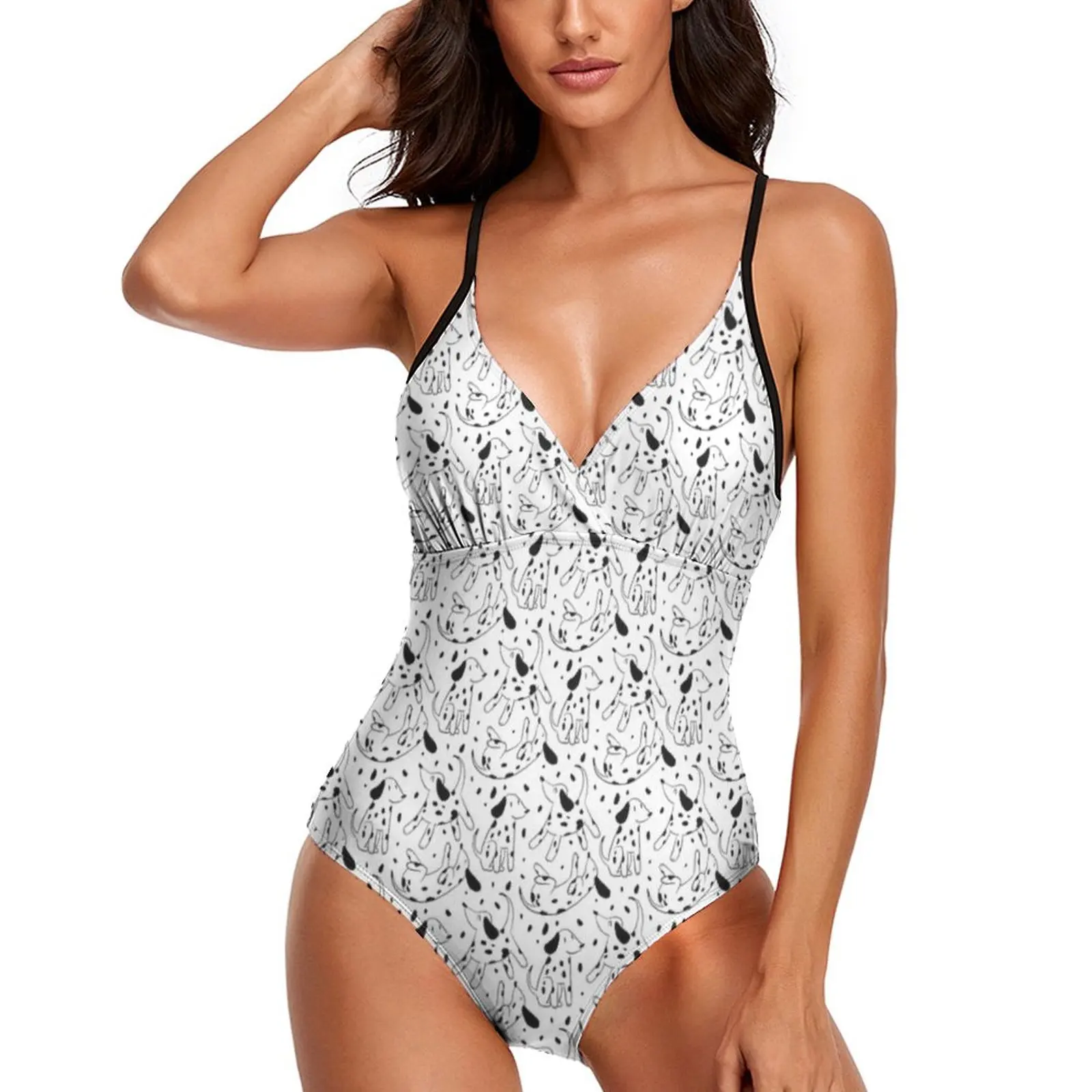 

Dalmatian Print Swimsuit Cute Cartoon Animal Stylish Swimwear One-Piece Swimsuits Women Push Up Bathing Suit Cut Out Beach Wear