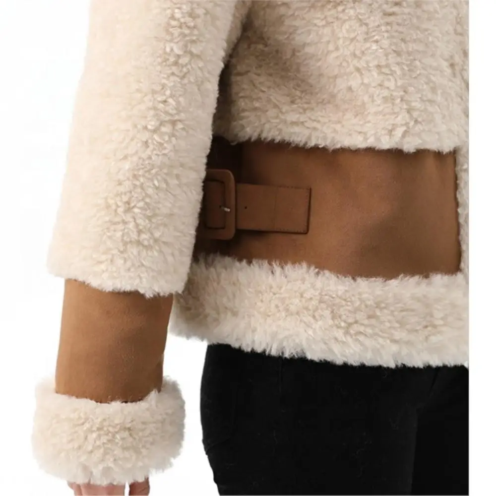 Women Winter Real Fur Moto Button Jacket Thick Lined Big Pocket Parka Leisure Neckline Bondage Real Suede Leather Coat