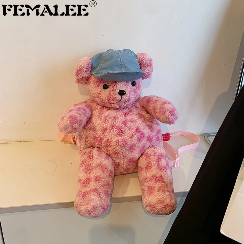 

Women Cartoon Bear Plush Shoulder Bag Cute Soft Ladies Fur Bag Female Party Little Girl Christmas Gift Pink Leopard Backpack