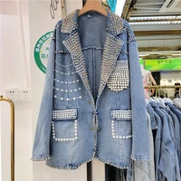 2022 autumn new heavy industry rivet beading blue denim suit jacket womens sweet cool style fried street jeans coat outwear