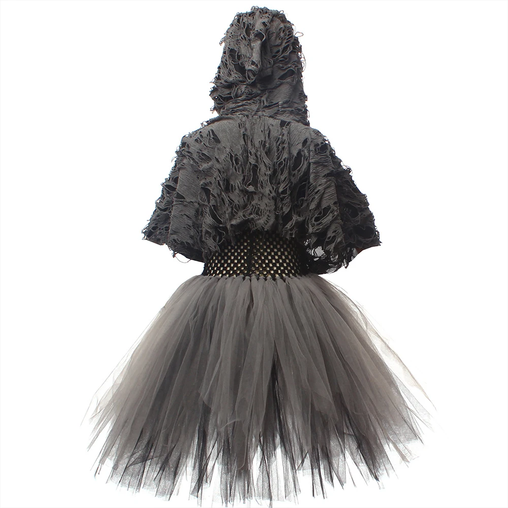 Детский костюм для косплея черное платье с капюшоном и принтом черепа