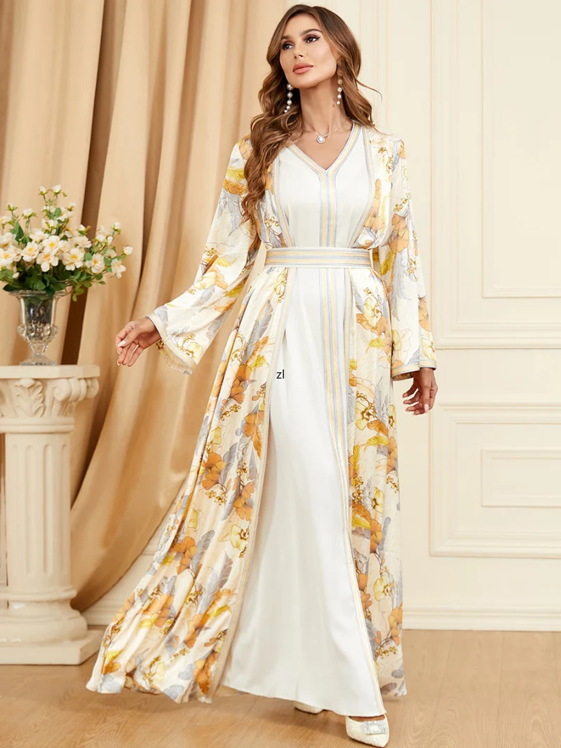 Floral 2 Piece Set Moroccan Kaftan Braided Trim Abaya Long Dress Gulf Jalabiya Evening Gowns for Women Ramadan Eid Muslim Sets