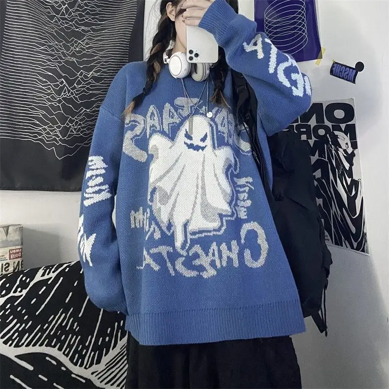 

Retro Sweater Dark Style Harajuku Style Student Letter Devil Thickening Men and Women Loose Retro Knit Sweater Korean Top