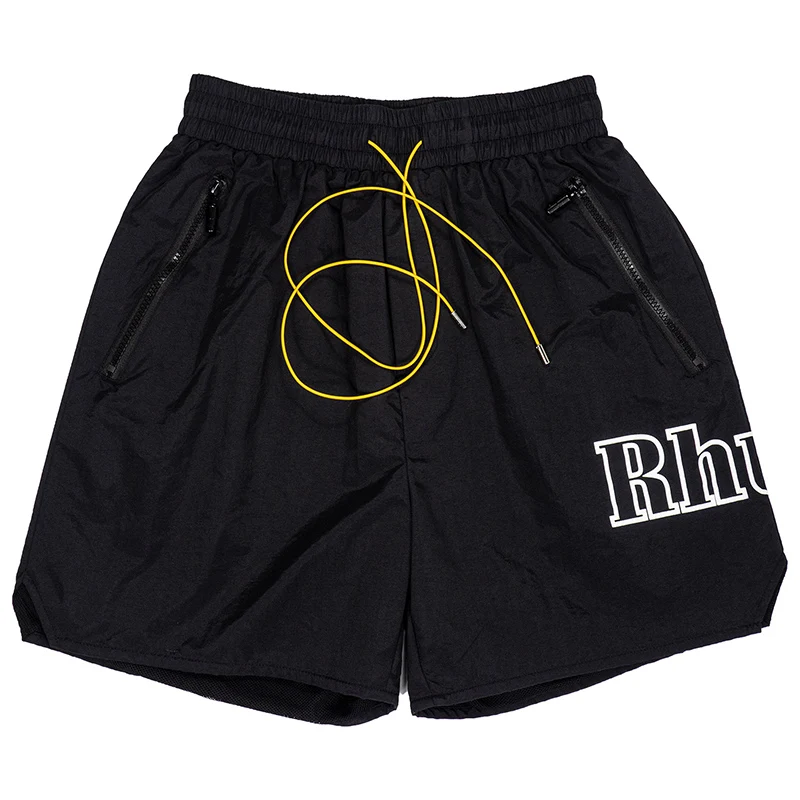 

Rhude Side Letter Print Logo Drawstring Five-point Pants Pill Zipper Shorts High Street Men Women Black Mesh Lined Beach Shorts