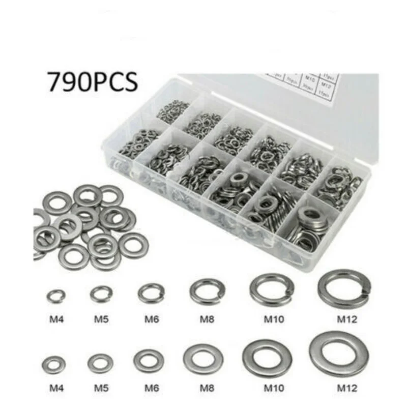 

790pcs M4 M5 M6 M8 M10 M12 Stainless Steel Flat Washers Spring Washers Assorted for Metric Bolts Plain Gasket Assortment Kit